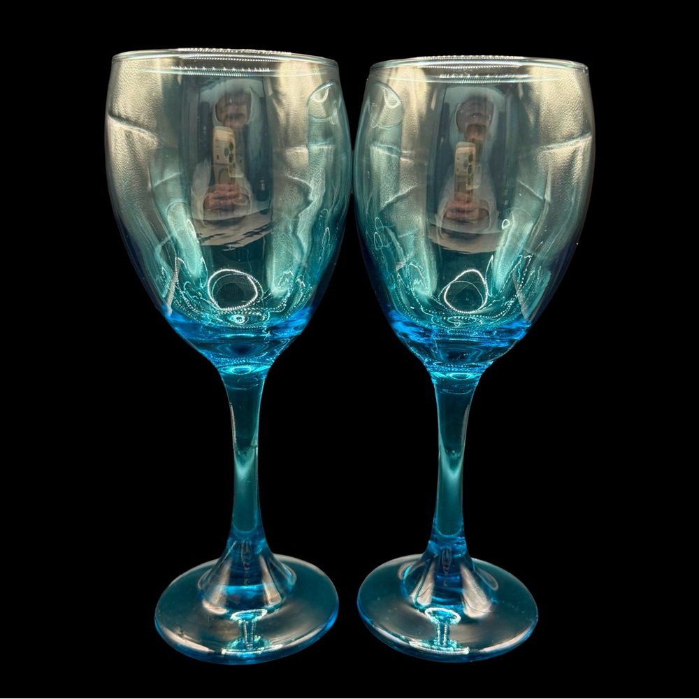 Vintage Cristar Rioja Wine Drinking‎ Glass Goblet, Aqua Blue 8" Tall Set of 2